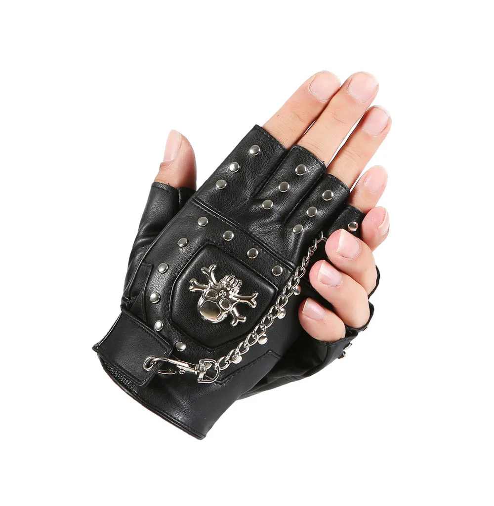 

A Pair Punk Gothic Leather Fingerless Biker Sports Mountain Gloves With Cranium Studded For Men