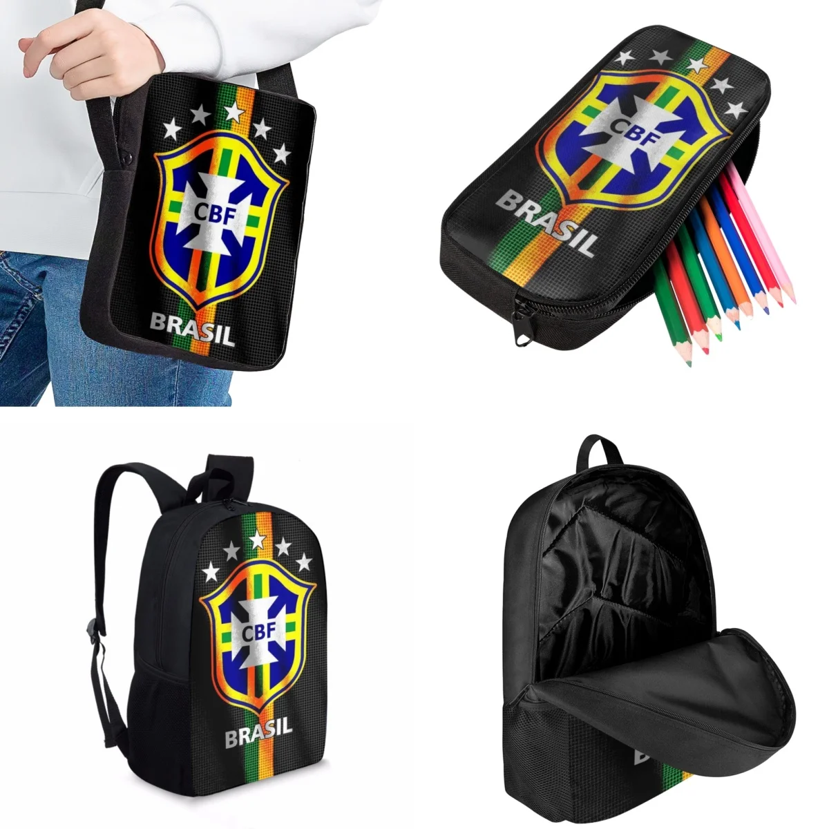 Jackherelook Kids School Bags 3pcs Fashion Trend Brazil CBF Pattern Print Boys Sports Backpacks Laptop Bag for College Students