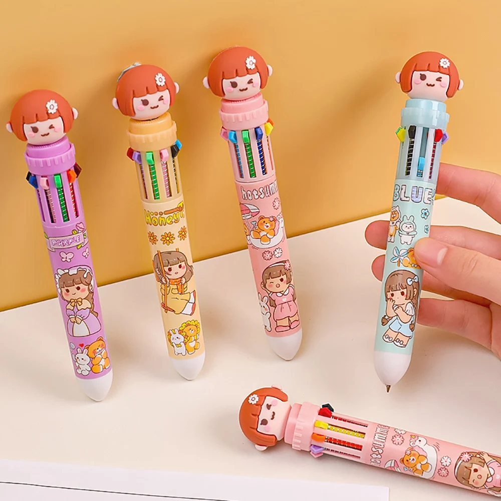 

10 Colors Cute Cartoon Girl Ballpoint Pen School Office Supply Stationery Papelaria Escolar Multicolored Pens Colorful Refill