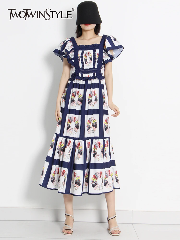 

TWOTWINSTYLE Vintage Print Dress For Women Square Collar Sleeveless High Waist Colorblock Midi Dresses Female Fashion Clothing