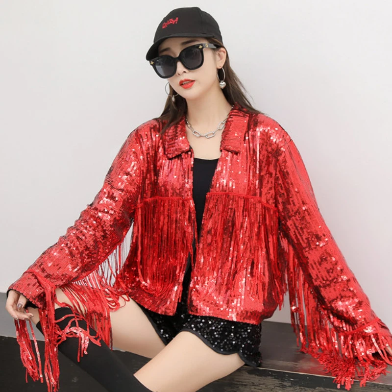 Женский танцевальный костюм светоотражающая блестящая куртка с бахромой