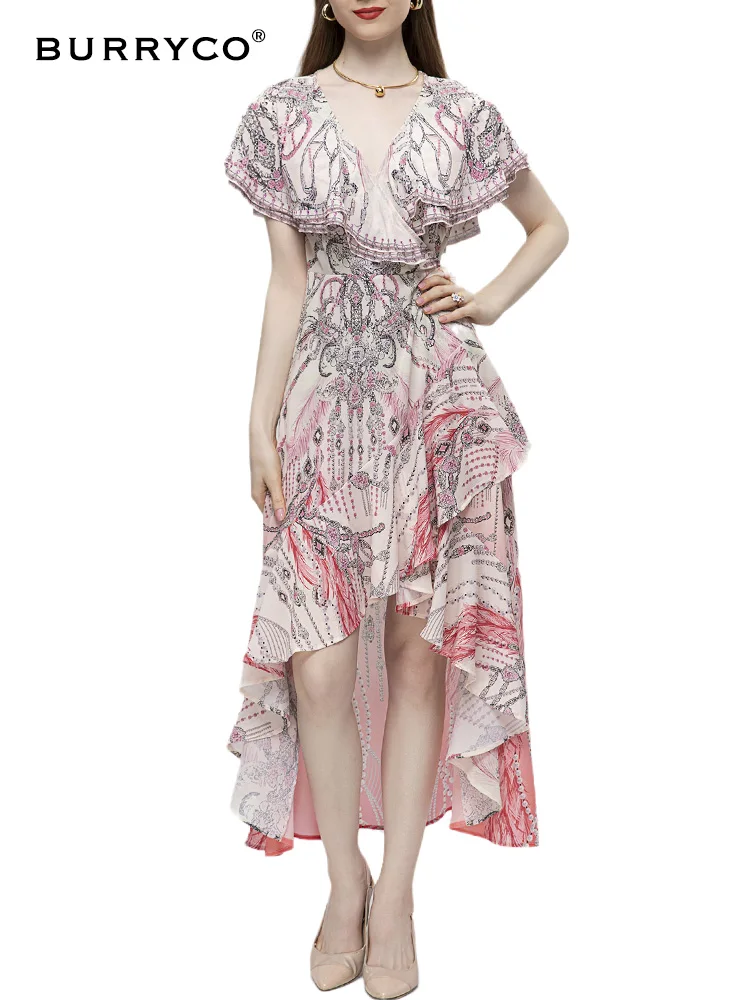 BURRYCO Women's New 2023 Summer Luxury High End Print Lrregular V-neck Short Sleeve Temperament Goddess Dress