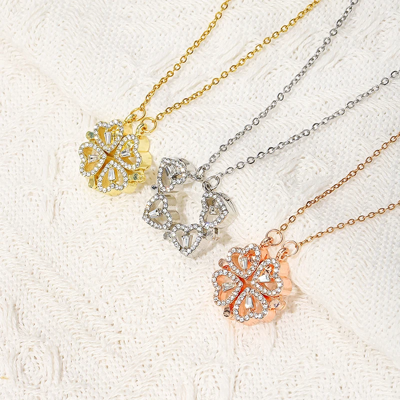 

G&D Luxury Foldable Four Leaf Clover Pendant Necklace Stainless Steel Inlaid Crystal There Color Hreat Women's Jewelry