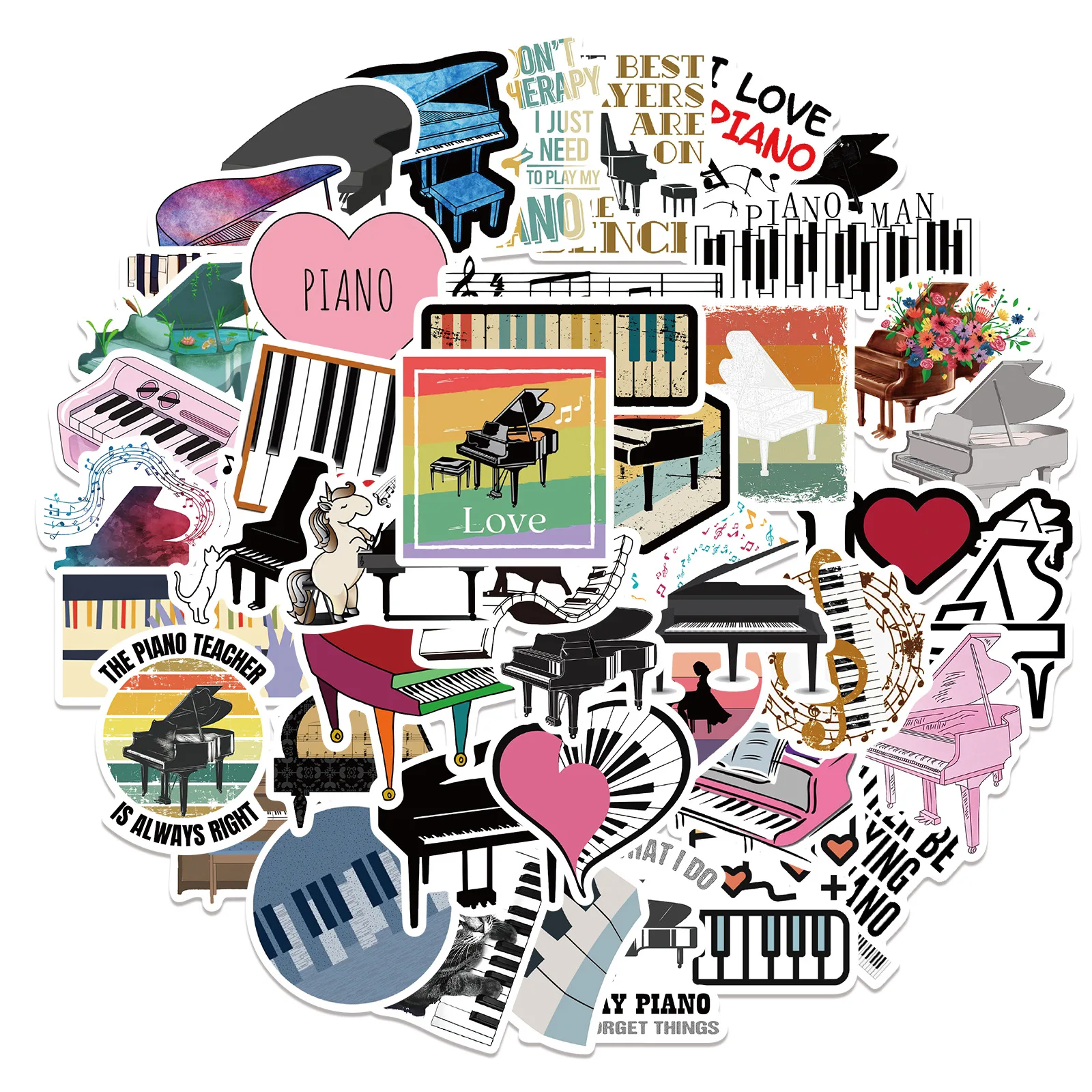 

50Pcs Cartoon Piano Stickers Graffiti Helmet Notebook Ornament Stationery Waterproof DIY Skateboard Fridge Guitar