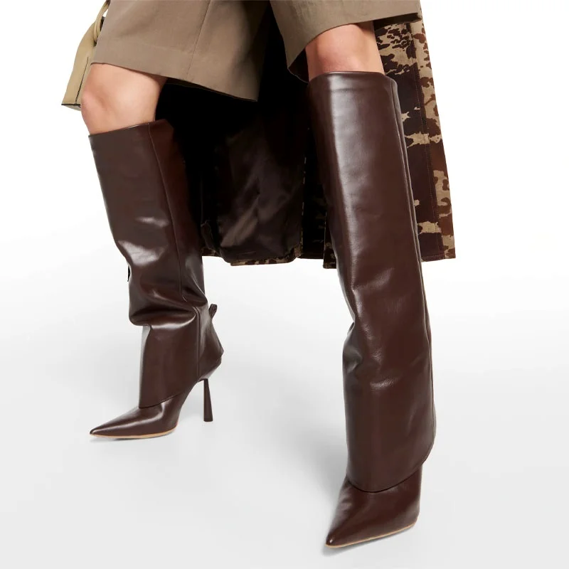 

Женские Классические сапоги до колена, черные сапоги из микрофибры и кожи с острым носком и принтом, на высоком каблуке