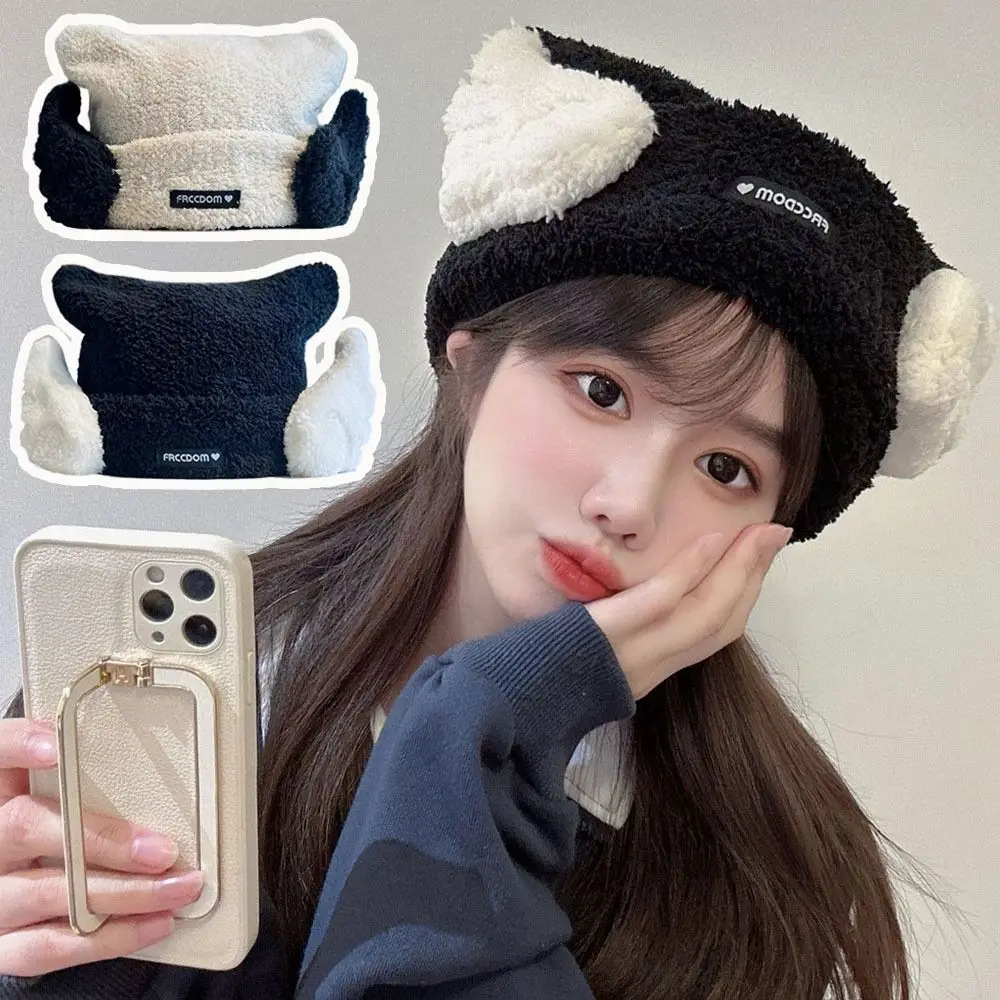 Уличная плотная теплая женская вязаная шапка с защитой от ветра и изображением