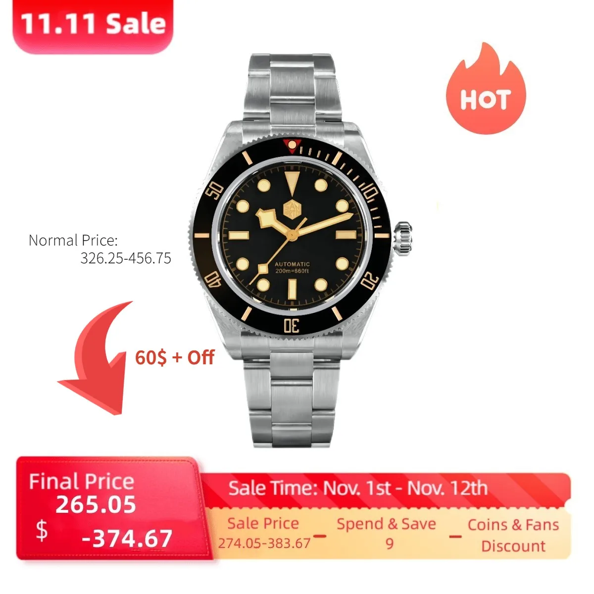 Цена Мужские часы San Martin Diver BB58 в стиле ретро, роскошный водный призрак, автоматический механический винтовой браслет, сапфировый 20 бар, светящийс...