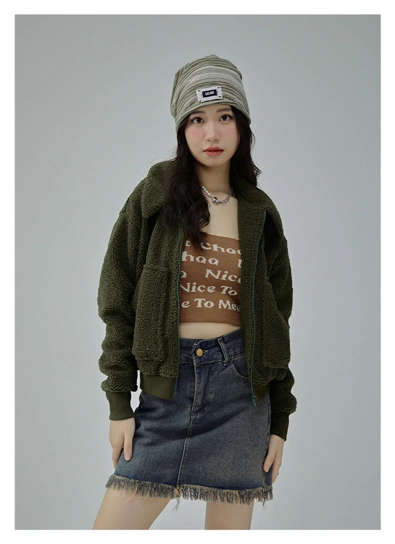 

Autumn And Winter Simple Korean Women's Short Coat Early Autumn New Light Sports Embroidery Collar Lamb Fleece Zipper Coat Women