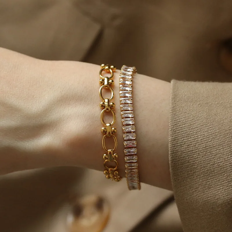 

18k Gold Stainless Steel Multiple Cubic Zirconia Bracelet Luxury Bling Link Chain for Woman Exquisite Trendy Jewelry