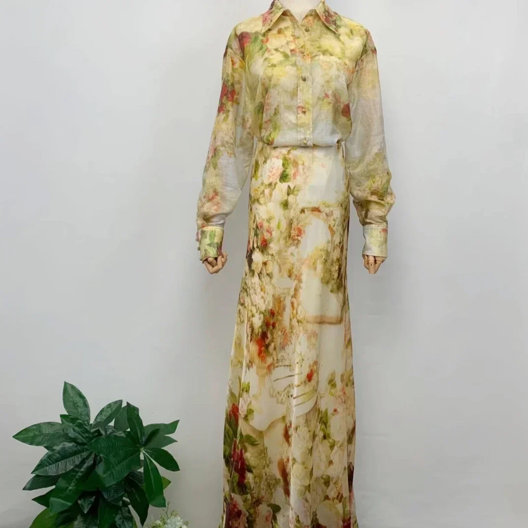 

High Quality Spring Summer Vintage Floral Printing Tops Turn-down Collar Blouses and Maxi Skirt Sets 2023