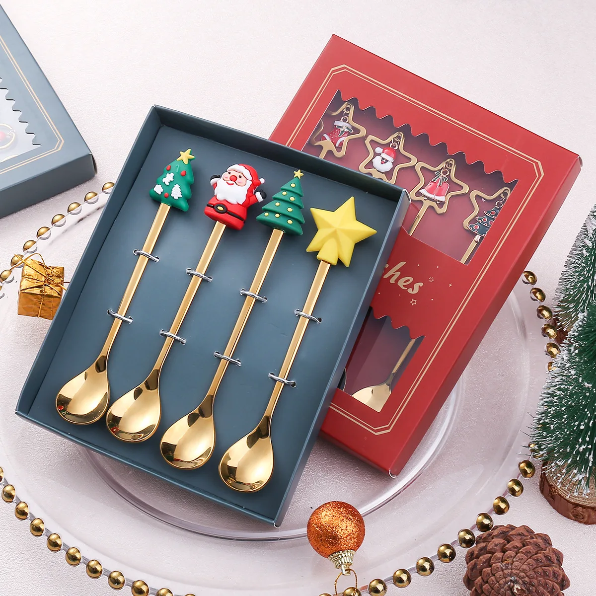 4 Green Christmas PVC Doll 410 and 304 Stainless Steel Spoon Tableware Set Dessert Coffee Spoon Fruit Fork Christmas Tree Gift