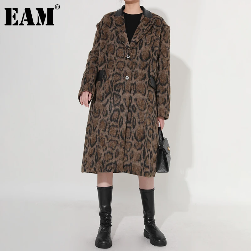 

[EAM] Loose Fit Brown Pattern Big Size Long Woolen Coat Parkas New Long Sleeve Women Fashion Tide Autumn Winter 2022 1DE445916