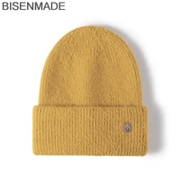 bisenmade rabbit hair knitted hat for women autumn diamond m letter label skullcap fashion winter outdoor keep warm beanie cap