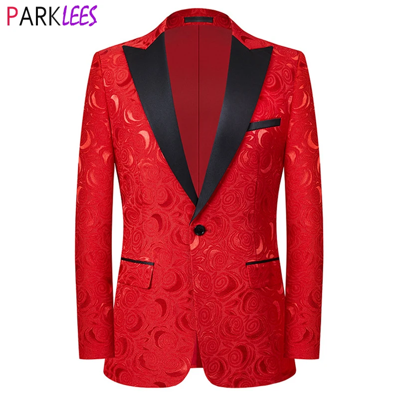 Stylish Red Rose Jacquard Tuxedo Suit Jacket Blazer Men One Button Peak Collar Dress Blazers Wedding Groom Party Costume Homme
