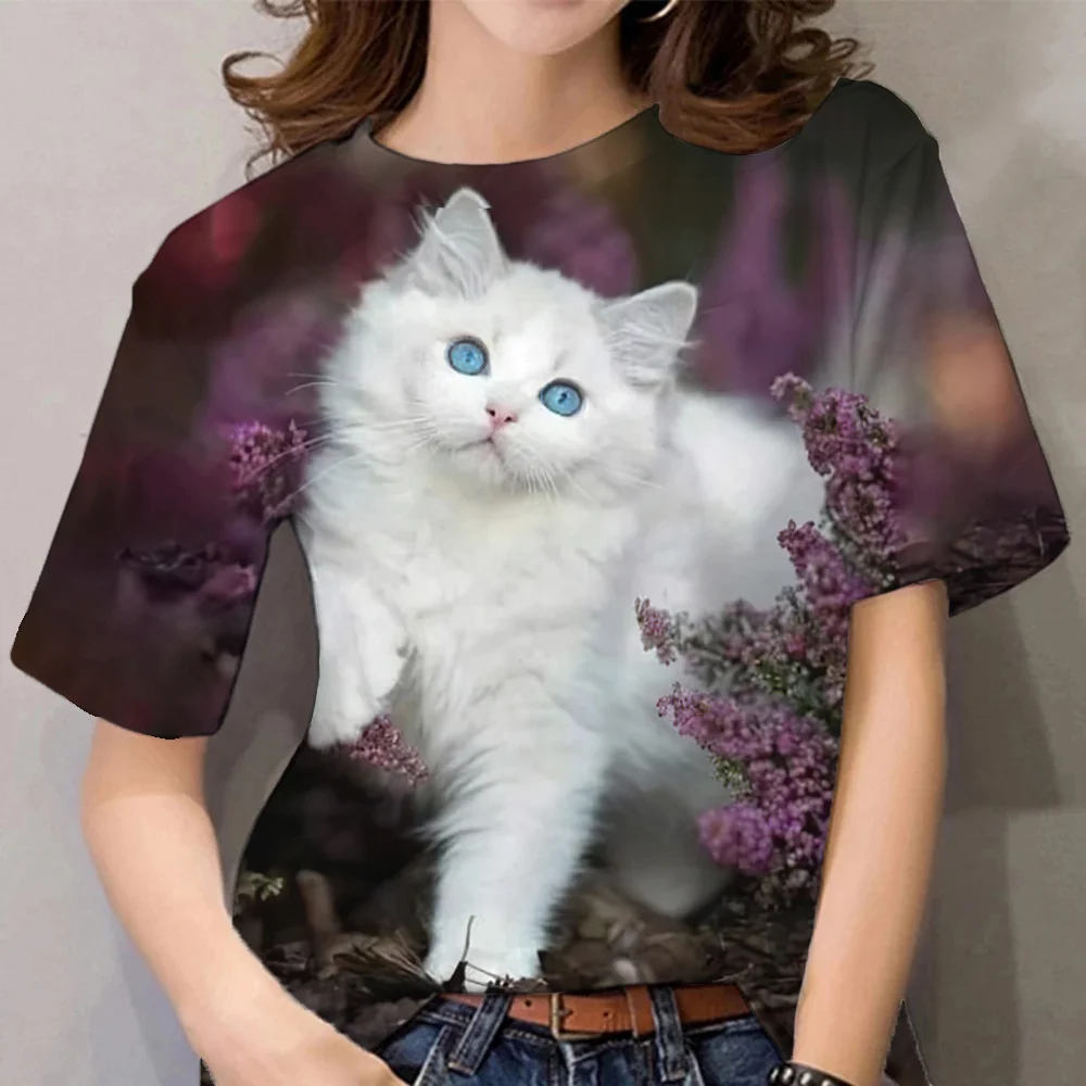 

2023 Summer Women Tshirt Animal Short-sleeved with O Neck Cute Cartoon Cat Dog Fashion Casual Girls Printed Top Pullover Basic
