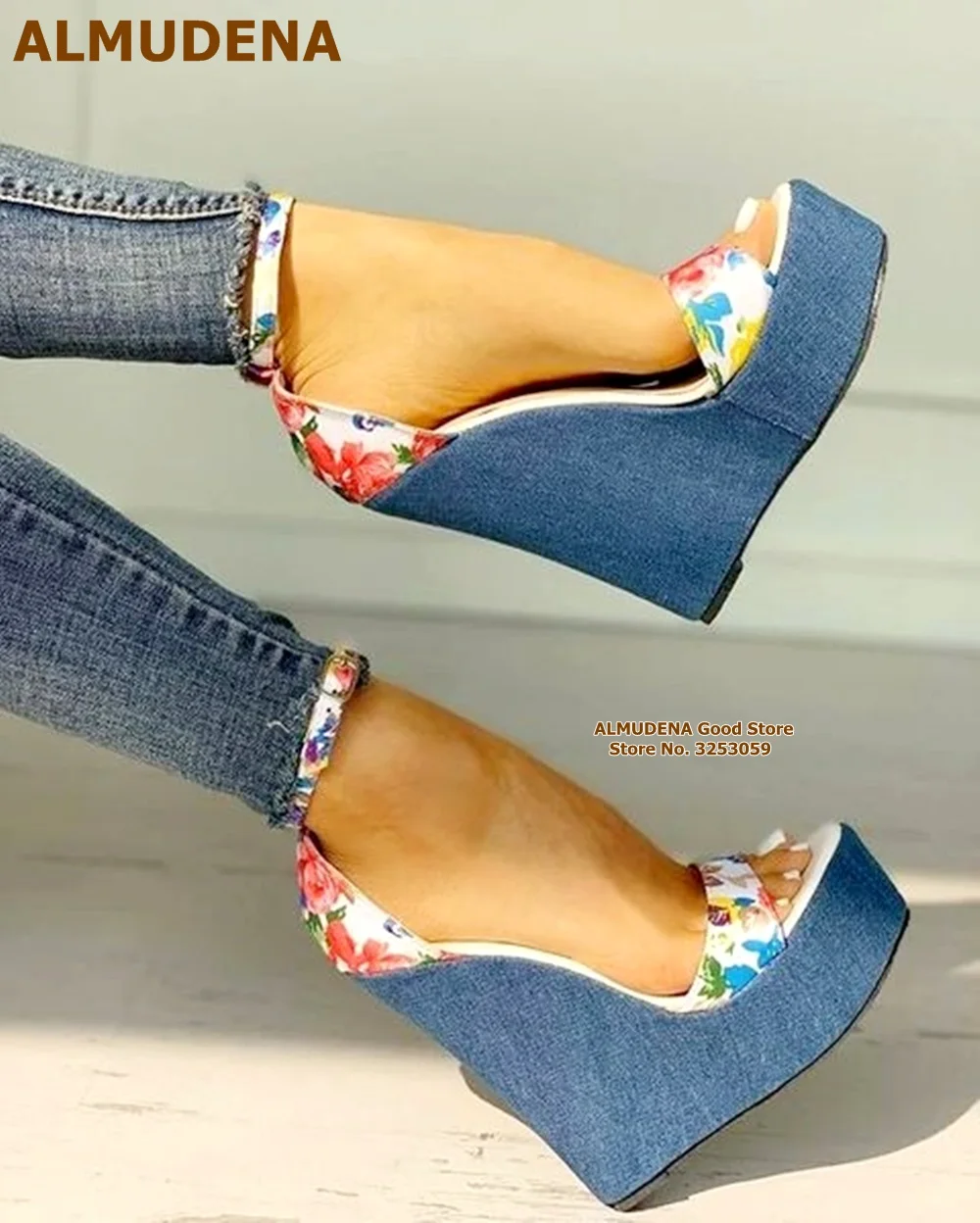 

ALMUDENA Blue Denim Wedge Heel Platform Sandals Open Toe Pink Flowers Printed Summer Dress Shoes Jeans Floral Mixed Color Pumps