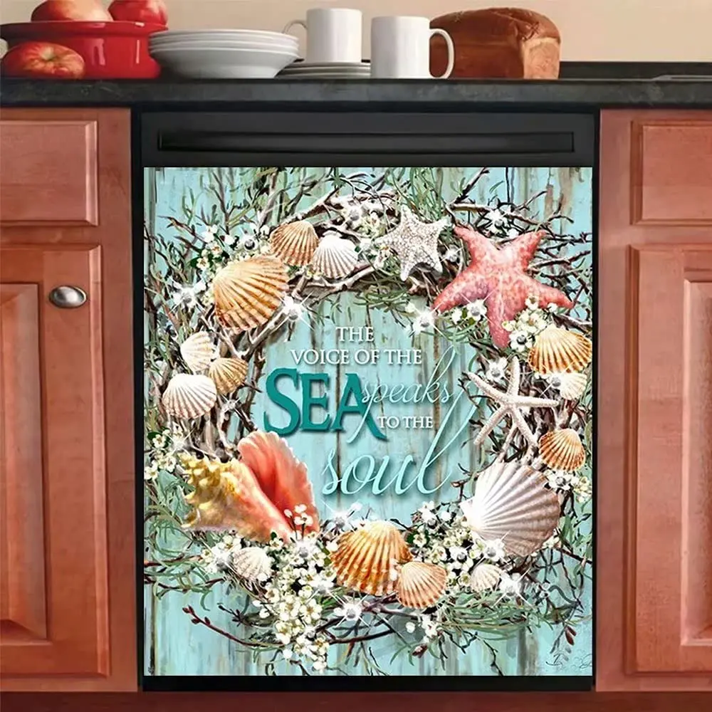 

Sea Shell Dishwasher Sticker Starfish Kitchen Decorative Magnet Cover, Magnetic Refrigerator Door Panel Decals, Home Decor Fridg