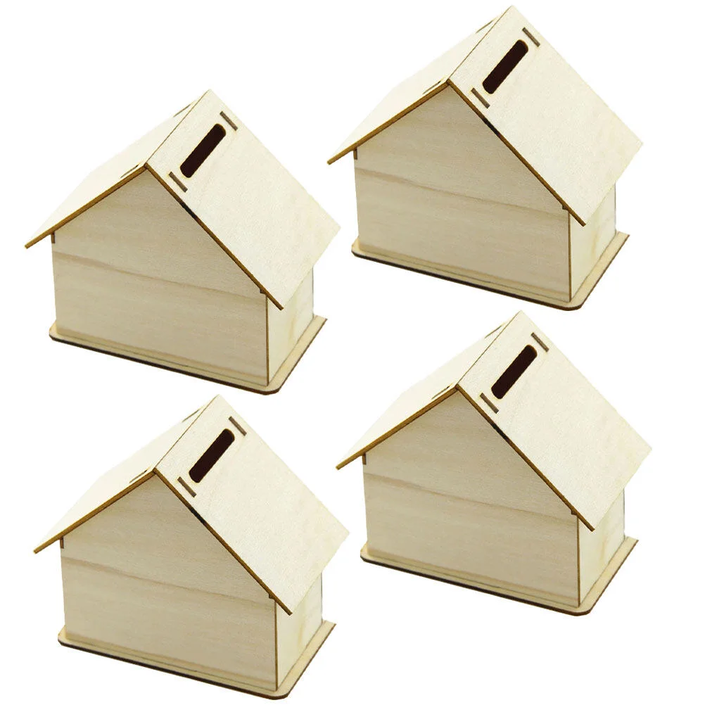 

4PCS Wooden House Models Wood Saving Box Unfinished Peg DIY Painting Toys for Kids Toddler and Crafts