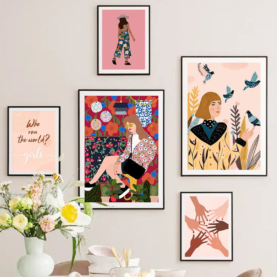 Модная девушка птица цветок лист иллюстрация настенная Картина на холсте