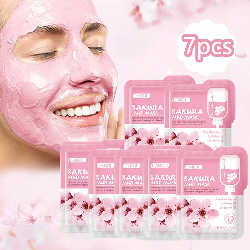 LAIKOU 7pcs Japan Sakura Mud Facial Mask Cleansing Whitening Moisturizing Oil-Control Anti-Aging Clay Mask Packs Face Skin Care