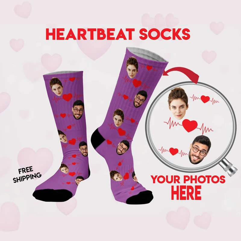 Custom Heartbeat Men Women Socks 3D Printed Fashion Face Custom Cotton Socks Suitable Gifts For Birthday Commemorative Day
