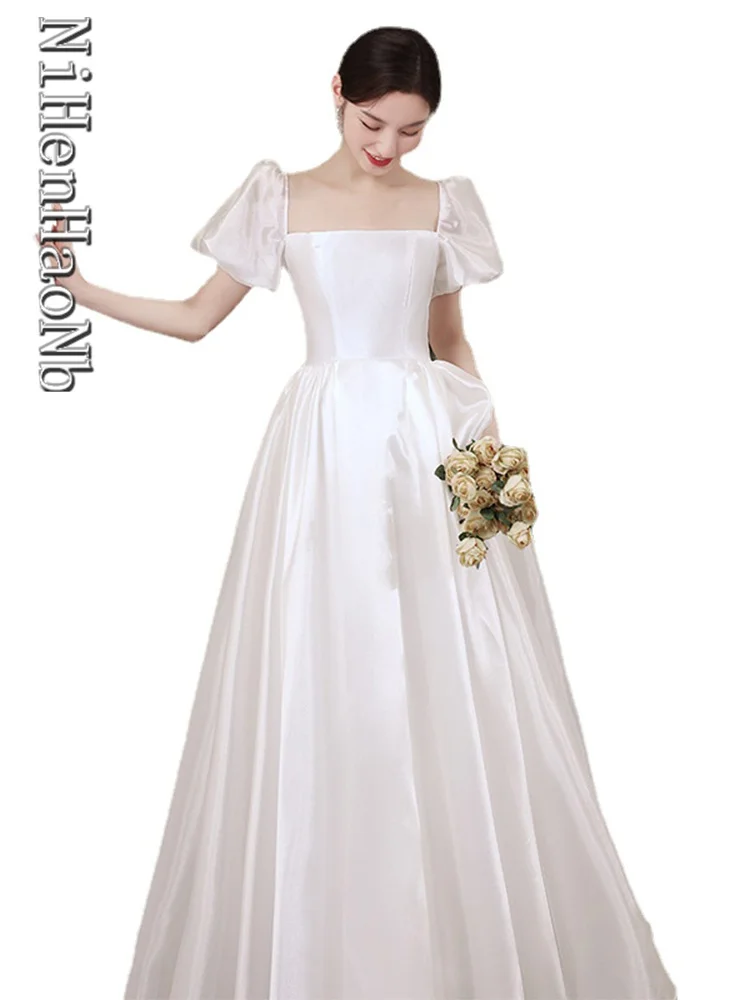 

French Elegant Satin Wedding Dress Square Neck Bridal Toasting Dress Long Wedding Prom Party Dresses