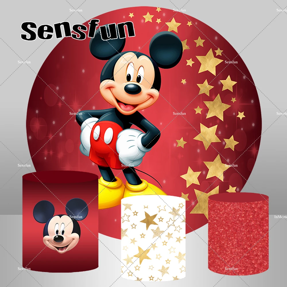 

Red Mickey Mouse Round Circle Background For Photography Boys Cartoon Birthday Party Circle Backdrop Table Banner Pedestal Cover