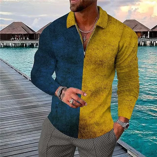 

Men's Polo Shirt Golf Shirt Zip Polo Plaid Striped Graphic Prints Geometry Outdoor Street Zip Print Clothing Fashion Streetwear