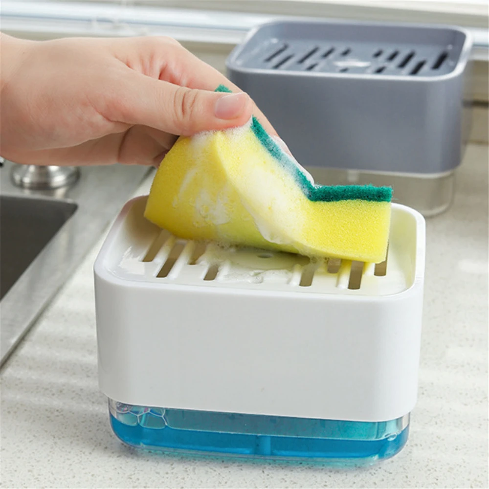 

Automatic Kitchen Soap Dispenser Manual Press Liquid Soap Dispenser with Sponge Holder Detergent Box Container for Dishwashing