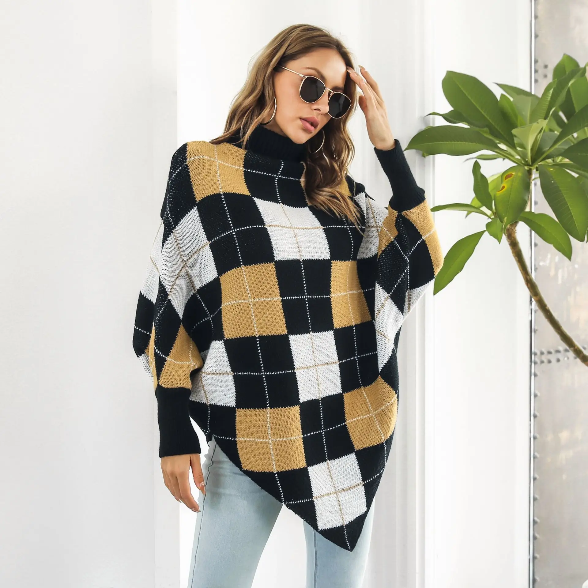 

Women Casual Plaid Jacquard Cloak Knitted Sweater Long Bat Sleeve Pullover New Autumn Winter Basic Y2k Pull Tops Fashion Clothes