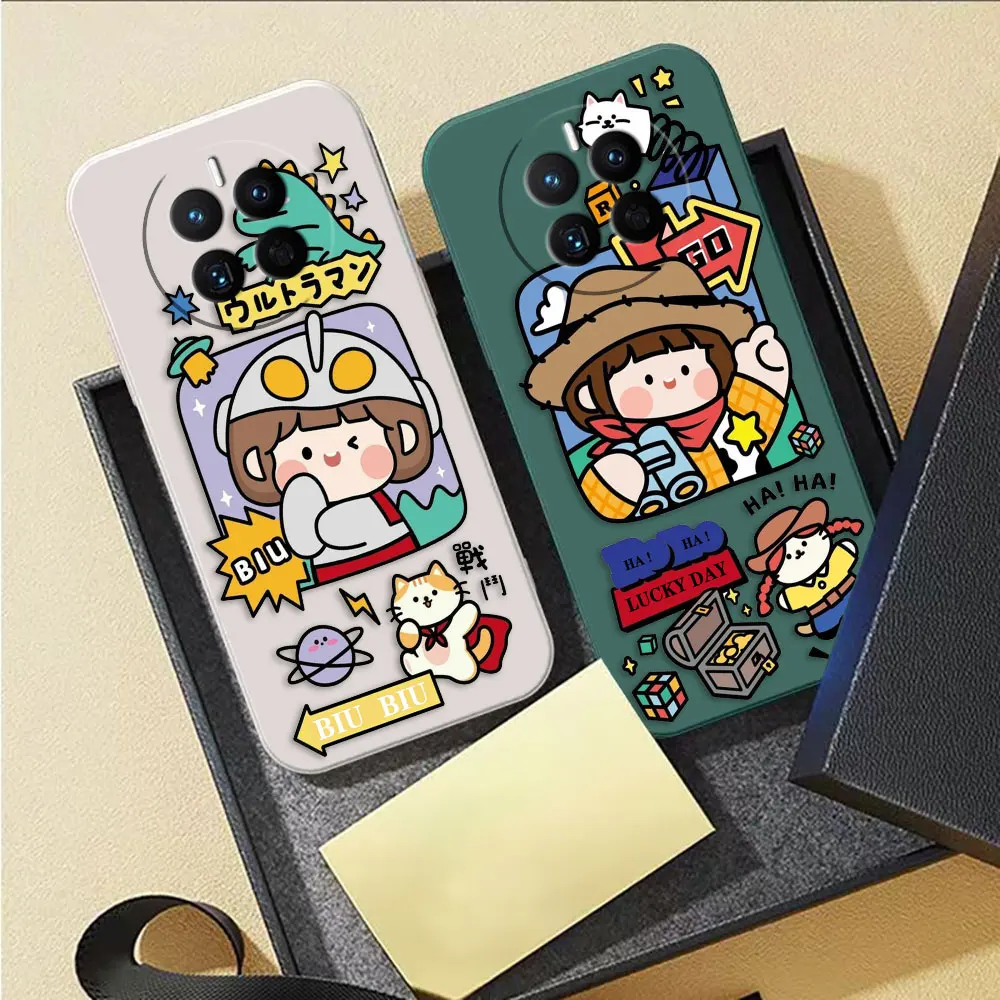 Cute Little Girl Cat Phone Case For Huawei MATE 10 20 20X 30 40 50 P20 P30 P40 P50 P60 PRO PLUS Colour Liquid Case Cover Funda