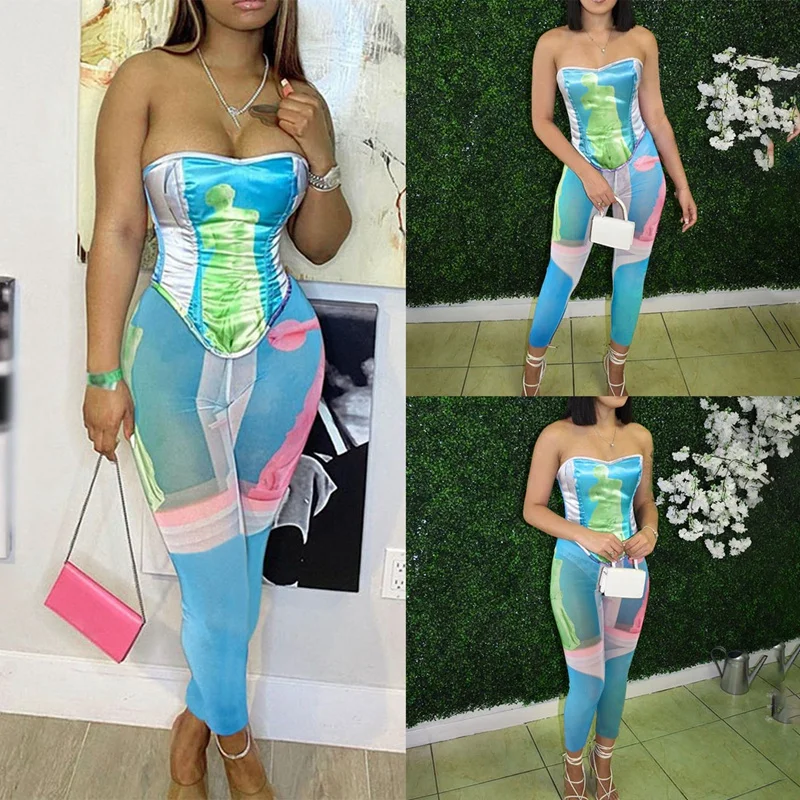

Women's Fashion Sexy Breast Wrap Top 2-Piece Set Sleeveless Tight Top & High Waist Skinny Pencil Pants Set