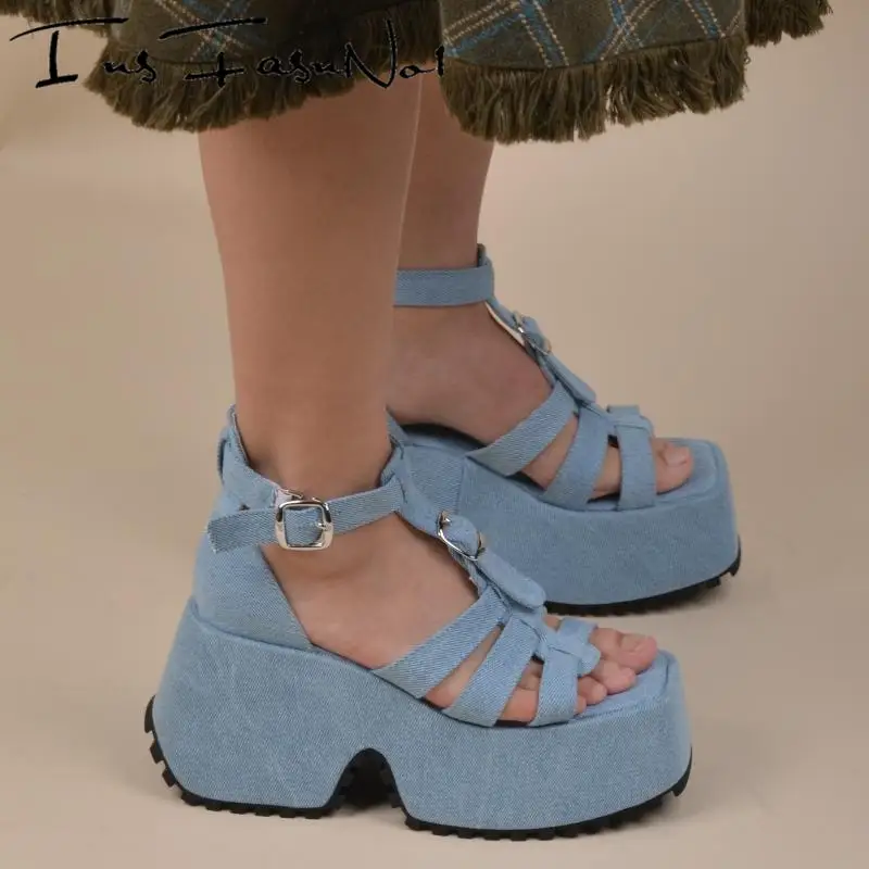 Женские джинсовые сандалии INSFASNNOI на высокой платформе