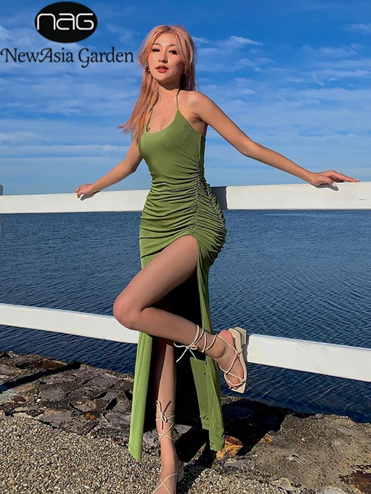 

NewAsia Halter Knitted Dress Fall Spaghetti Strap Ruched Cut out Tie up Split Maxi Dress Sexy Bodycon Dresses for Women 2021