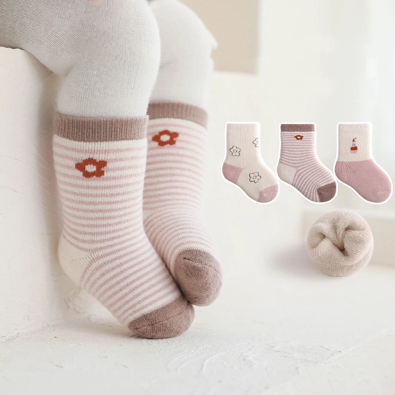 

3 Pairs/Lot Winter Newborn Baby Thick Mid-calf Length Sock Combed Cotton Toddler Kids Cartoon Stripe Flower Floor Warm Socks