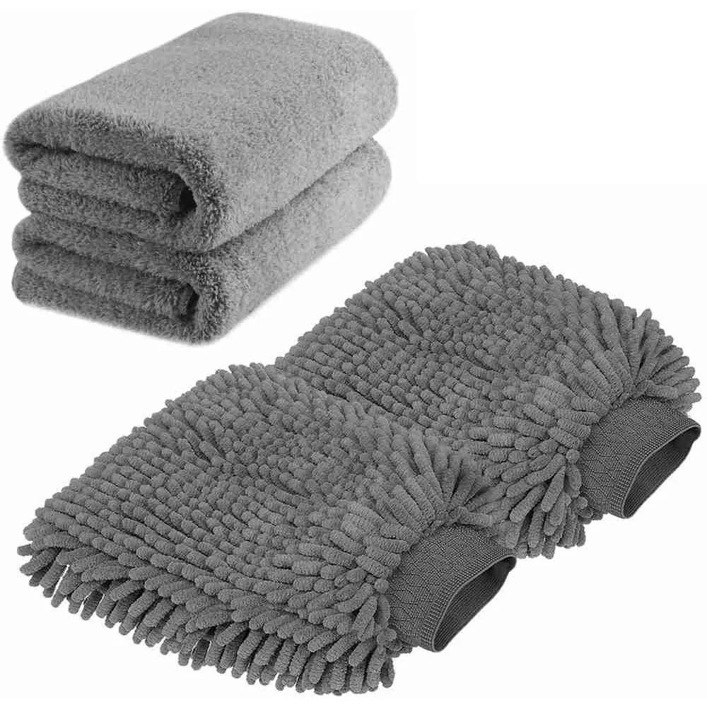 

Size Car Wash Mitt - Premium Chenille Microfiber Wash Glove and Microfiber Towels - Lint Free - Scratch Free (2X Towels + 2X