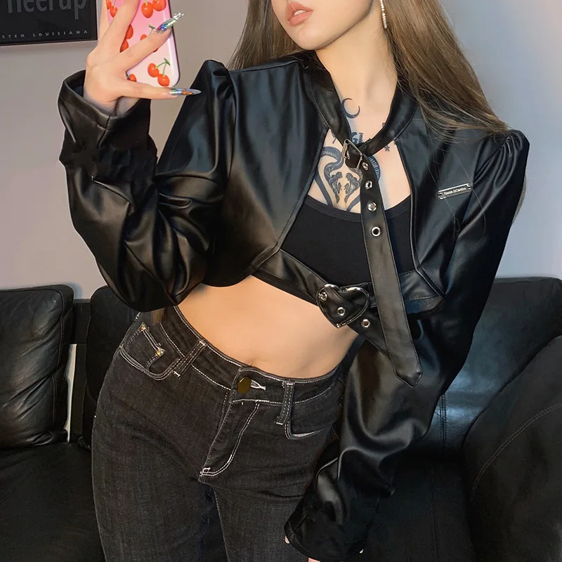 Long Sleeve  Top Short Leather Coat E Fall  Winter Short Jacket Women Pu Faux Leather Biker Zipper Moto Jackets Punk Gothic