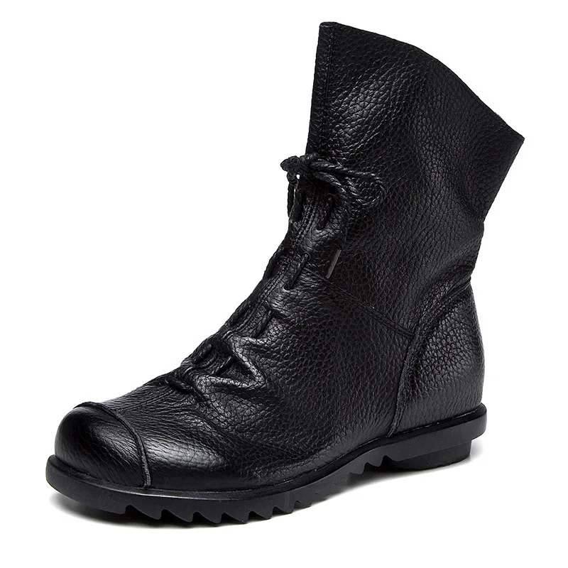 

Women Ankle Boots Genuine Leather Solid Color Round Toe Flat Heel Lace Up Classic Fashion Street Ethnic Soft Women Shoes KC114