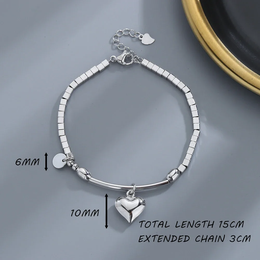 Женский браслет из серебра 925 пробы с квадратным кулоном в виде сердца