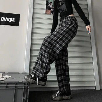 Kobiety wysokiej talii spodnie w kratę amerykański Retro dorywczo luźna szeroka spodnie nogi kobiet Harajuku Hip-Hop wszystkie mecze spodnie wiosna nowy 1