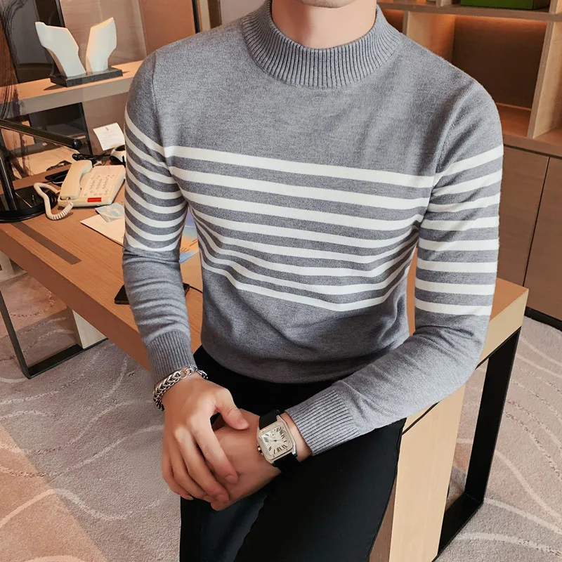 Stripe Knitted Sweater Men 2022 Autumn and Winter New Korean Slim Half High Collar Underlay Middle Neck Sweater Casual  clothes