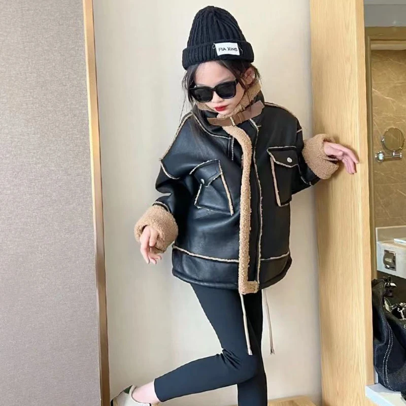 

Зимнее пальто из искусственной кожи для девочек, Детское пальто, детская куртка, модная одежда, искусственная кожа, Теплый Бархатный карман, искусственная кожа