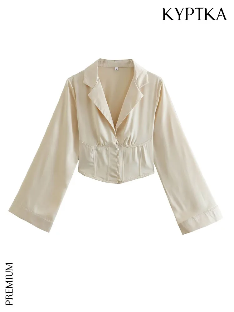 

Женская атласная блузка KYPTKA, белая Асимметричная блузка с воротником с лацканами и длинным рукавом, в винтажном стиле, на пуговицах спереди, 2019