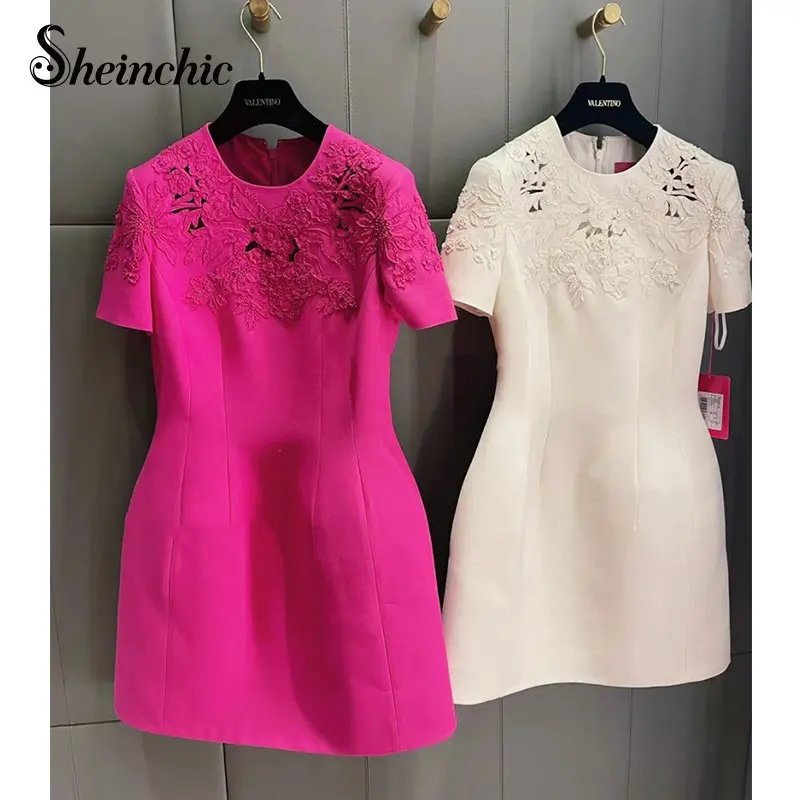 Luxury Embroidery Summer Dress Women 2023 Runway Designer Elegant O-neck Short Sleeve Mini Dress Pink White Black Vestidos