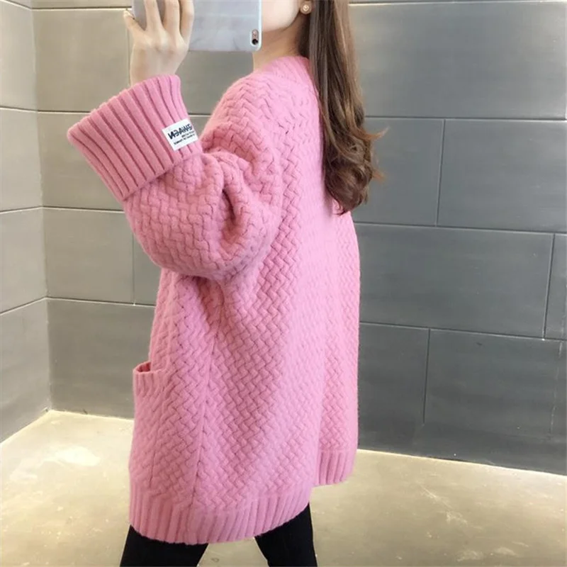 

Autumn Korean Winter V-Neck Long Sleeve Knitted Sweater Women Pink White Cardigan Tops Loose Big Pocket Knit Jacket Coat Female