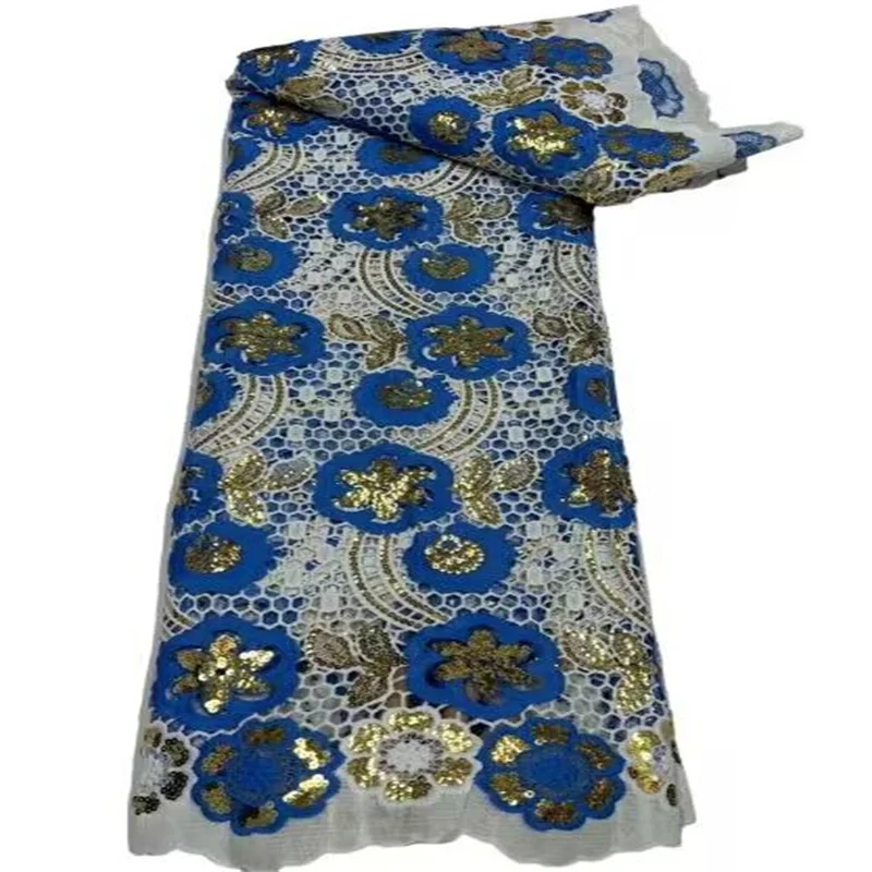 

Африканский гипюр, шнур, ткань, синий/белый/золотой нигерийский шнур, блестки, Ткань 5 ярдов, высокое качество, Французская ткань, блестки для шитья