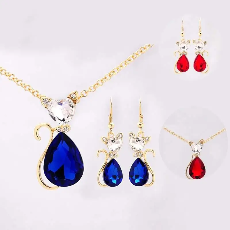 

LE Pendients Women's Ruby Emerald Blue Sapphire Crystal Jewelry Sets Chain Necklace Earrings
