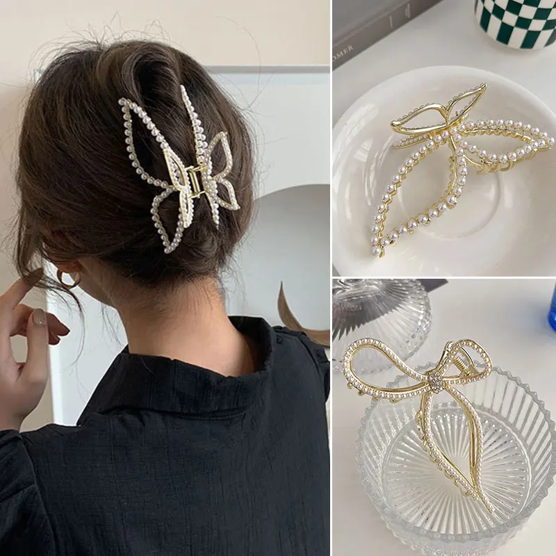 

Bow-knot Pearl Hairpin Women's Metal Summer Grabbing Clip Back Of The Head Big Hairpin Shark Clip Geometric Full Pearl Hairpin