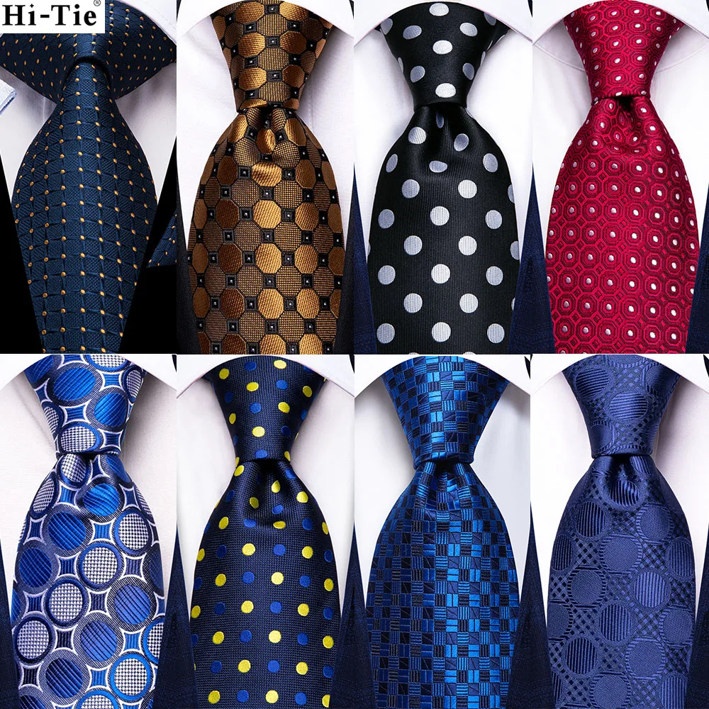 

Navy Blue Gold Dot 2022 New Mens Tie Hanky Cufflink Set Silk Necktie For Men Wedding Party Business Men Tie Fashion Brand Hi-Tie