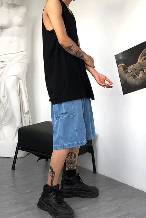 Tide Brand Hip-Hop Denim Shorts Men Summer Loose Straight Large Pocket Knee Length Jeans Men Casual Jeans